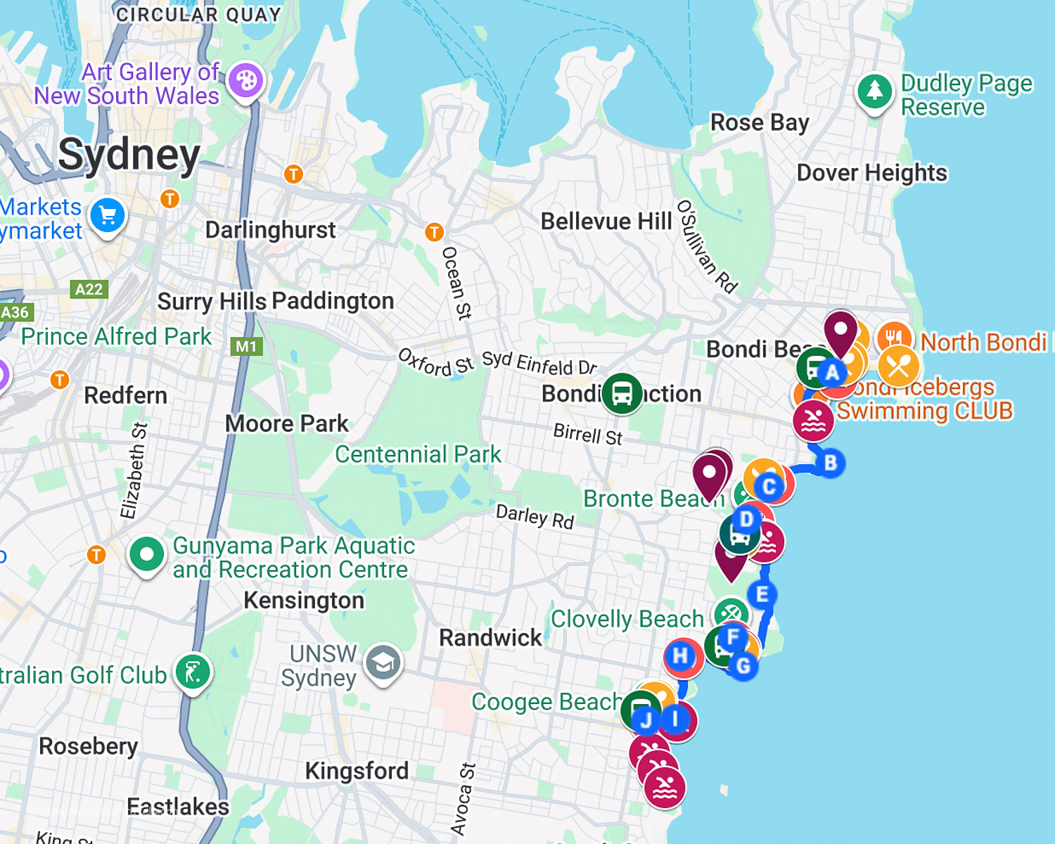 Map of Sydney - Bondi to Coogee Walk © Heatheronhertravels.com